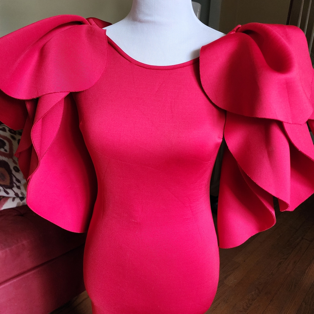 Red Ruffled Skeeve Bodycon Cocktail Dress - Picture 2 of 5